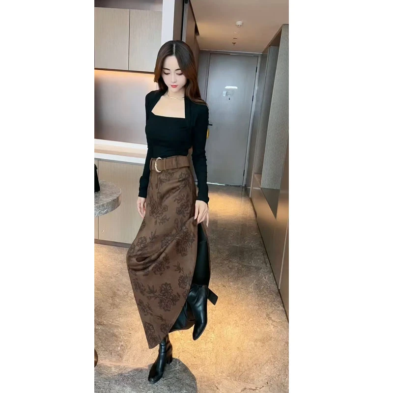 含腰带/名媛风气质洋气插肩袖上衣女显瘦中长款麂皮绒半身裙伞裙