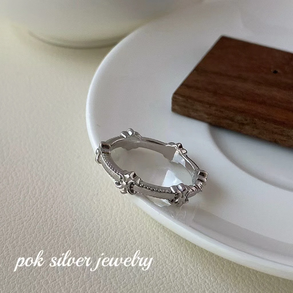 925银戒指 925银拉丝鸢尾花戒指复古时尚克系戒指