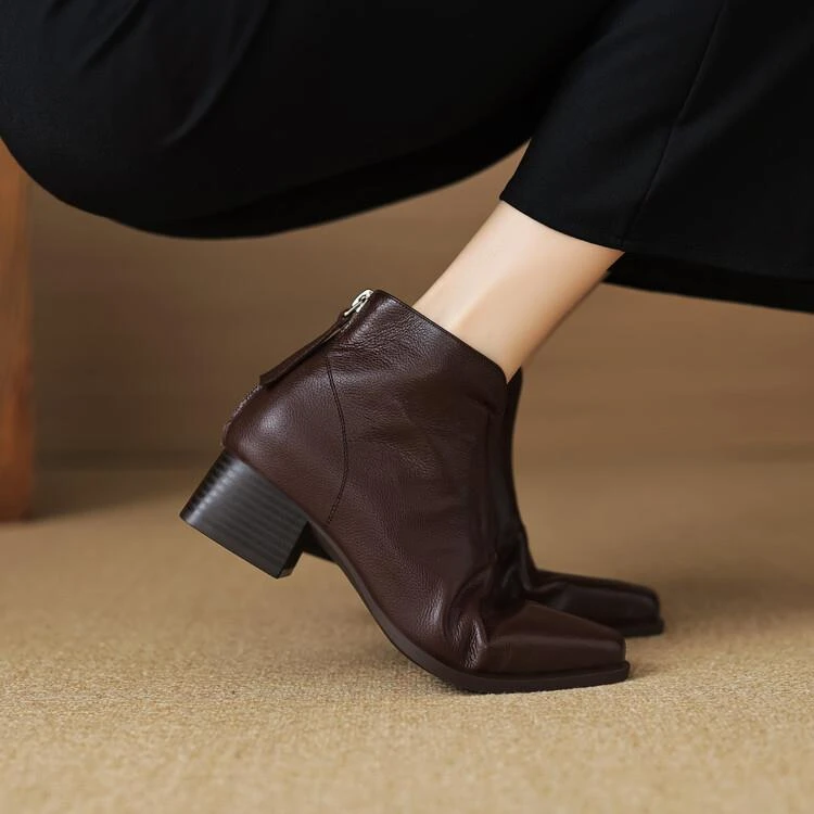 手工真皮！棕色复古马丁靴女英伦风小方头粗跟短靴春秋单靴瘦瘦靴