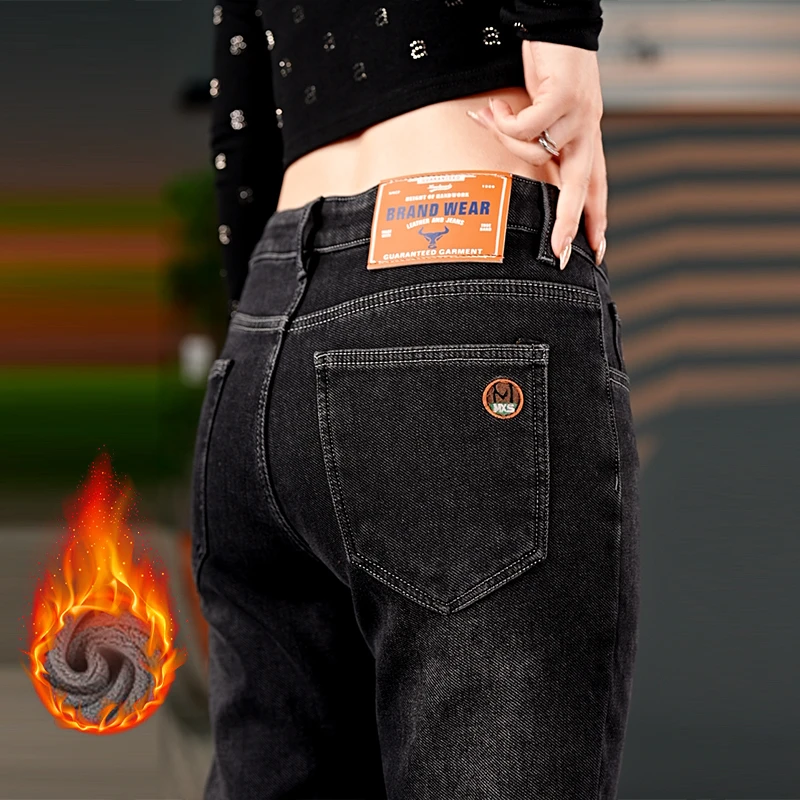 黑灰色加绒加厚款牛仔裤冬季男士舒适保暖韩版休闲长裤修身显瘦