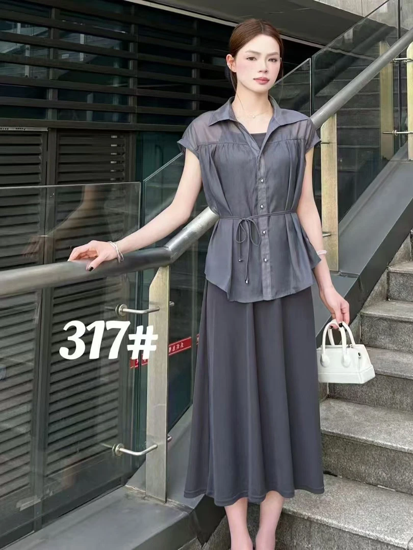 夏季新款时尚显瘦洋气减龄衬衫➕吊带连衣裙两件套