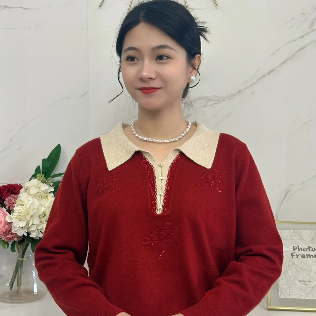 [黛汐冰]翻领女士打底衫短款中老年妈妈装女装红色针织衫