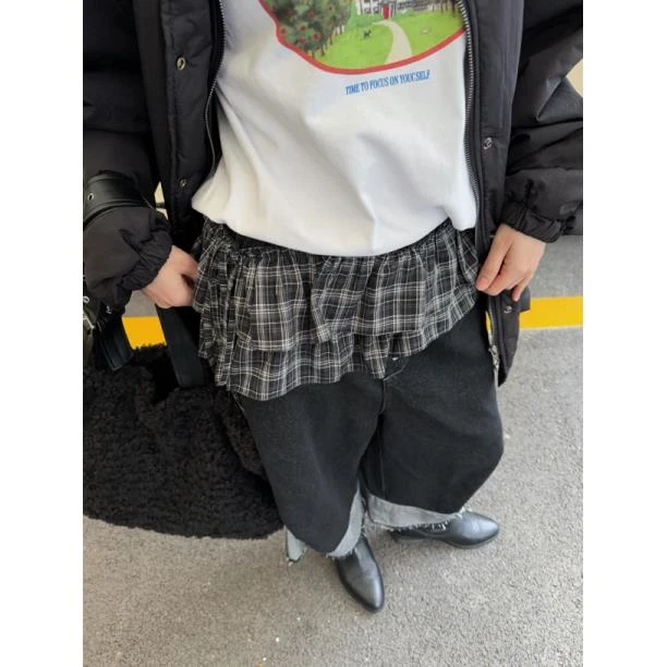 HELLOTANGO《时光手帐》小众韩式格纹双层花边叠穿系带屁帘25102#