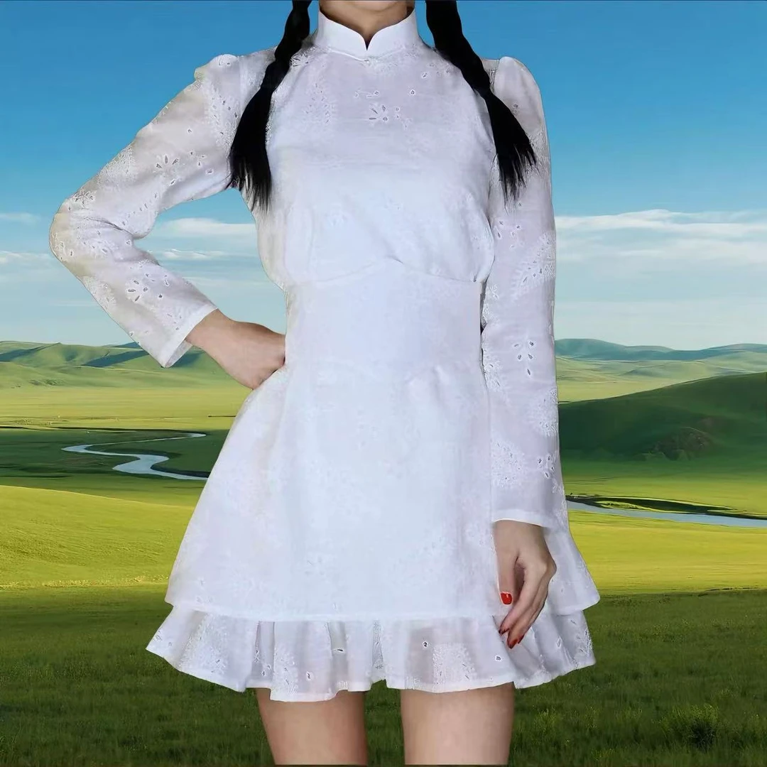 Adiya brand 白色腰果花封蒙古元素公主裙显瘦复古收腰长裙蓬蓬裙