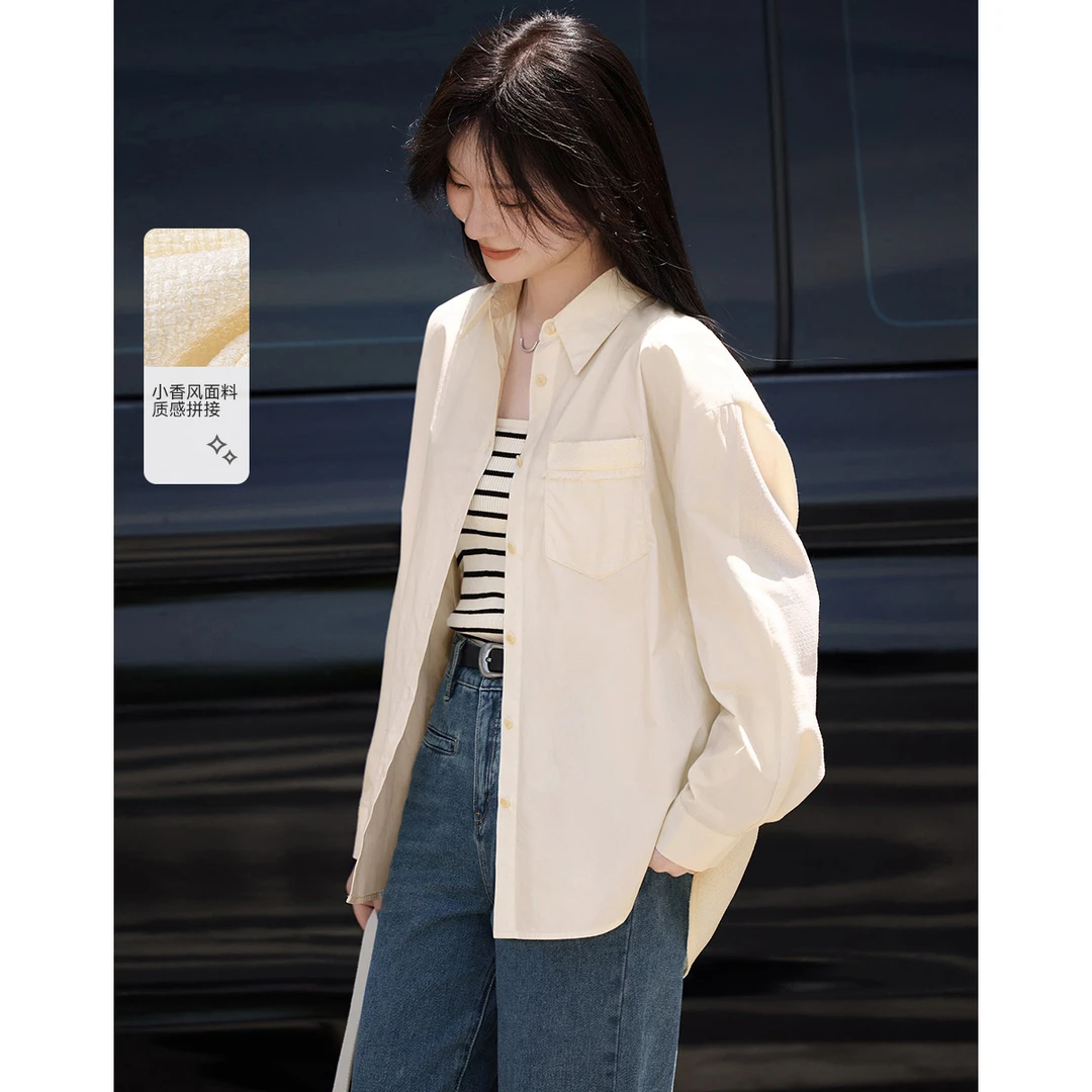 沫晗依美25春新款女气质优雅拼接衬衫简约宽松外套4694 M4QW7B045