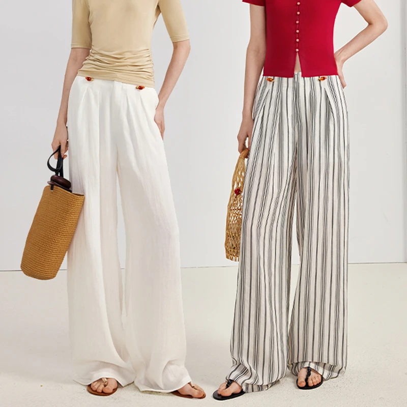 AEL原创宽松显瘦休闲阔腿裤女2025夏薄款直筒拖地裤AS5BK398白色