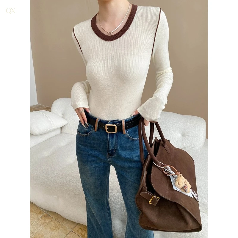 博主私服法式高级撞色U领修身显瘦长袖针织打底衫