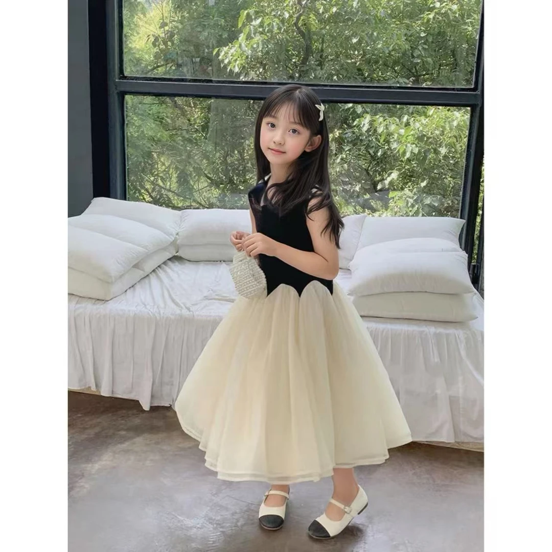 夏季新款女童中大童赫本风纯色洋气时尚儿童走秀女孩公主连衣裙