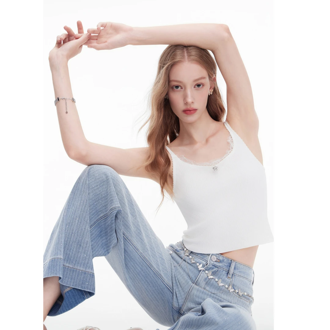 MISSCOCOON可可尼白色吊带背心女2025秋季新款针织蕾丝打底上衣