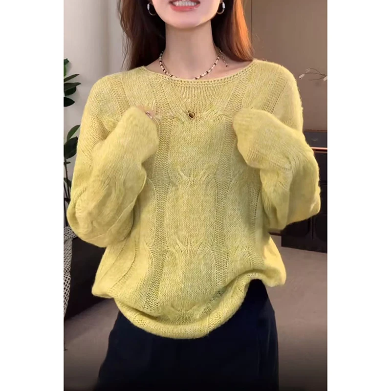 韩系穿搭慵懒风麻花纹理毛衣女秋冬季宽松显瘦长袖针织衫黄色上衣
