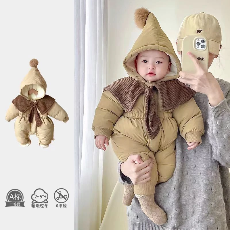 韩版长袖冬装A类可爱风幼儿通用哈衣爬服冬季加绒加厚婴儿连体衣