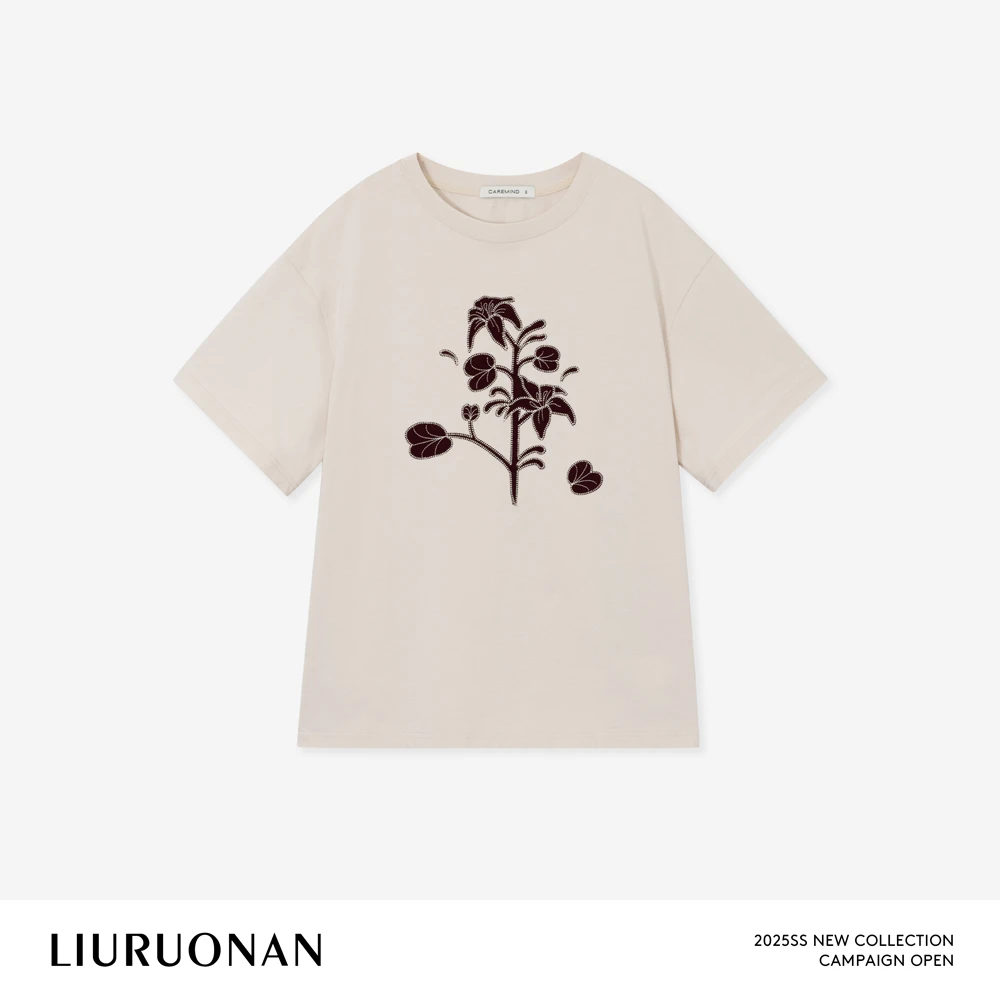 LIURUONAN 25SS【紫荆绣花T】立体刺绣印花纯棉圆领短袖宽松上衣女
