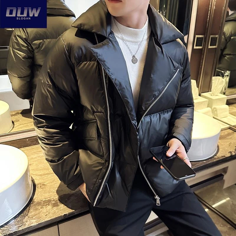 O.U.W冬季时尚高端保暖羽绒服男士潮流西服领斜拉链加厚防寒外套