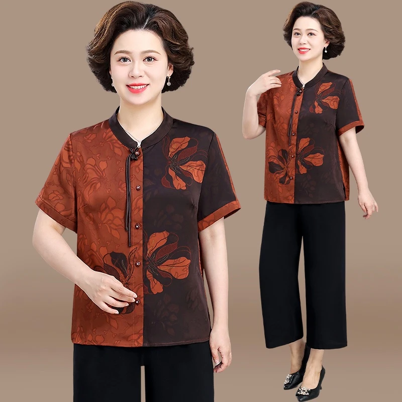 妈妈夏装套装2025新款冰丝短袖小衫新中式中老年夏季上衣两件套女