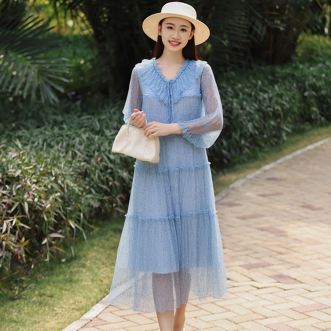 拜占庭的森林蓝色印花简约百搭显瘦女士透气宽松气质桑蚕丝连衣裙