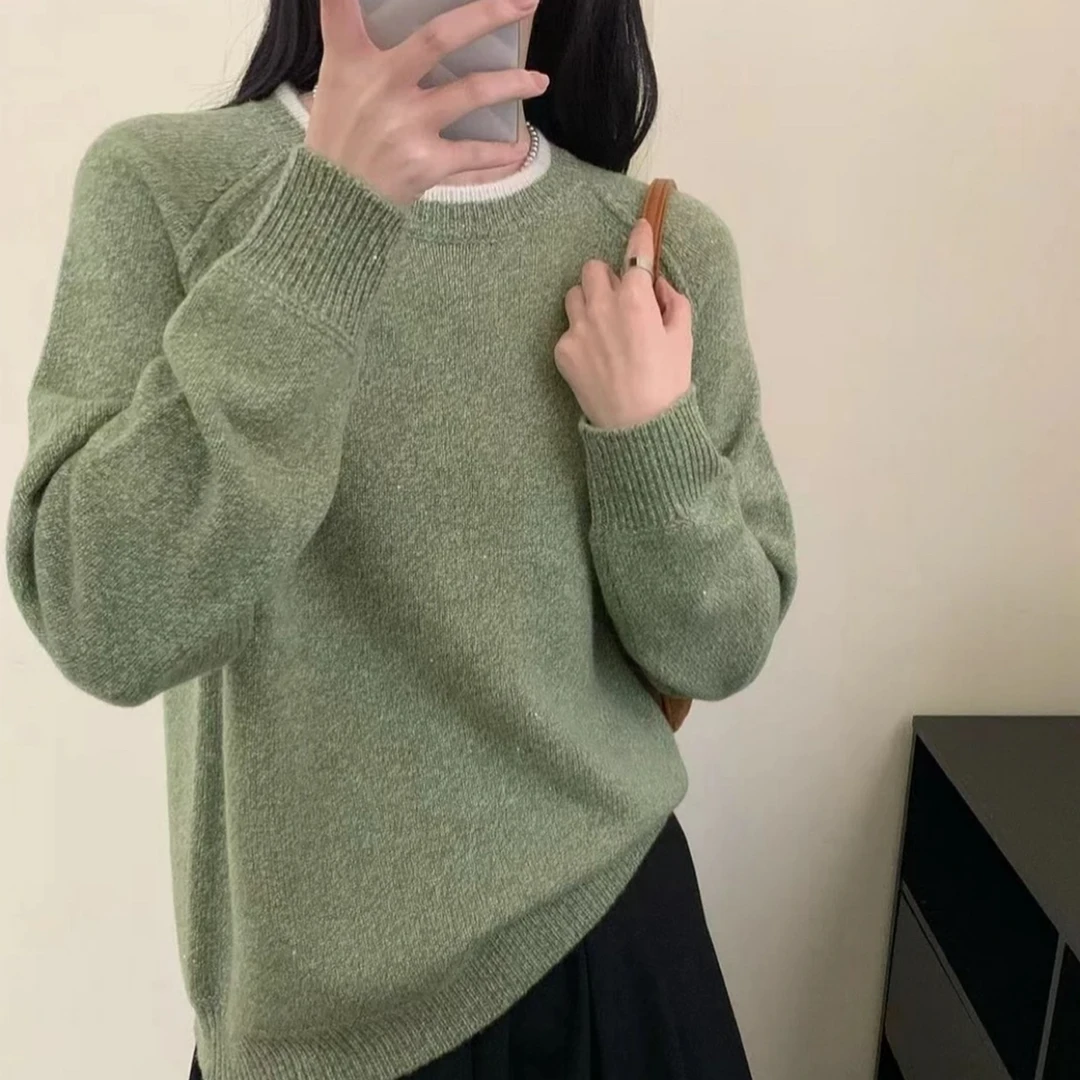 慵懒撞色圆领毛衣女2025冬新款宽松休闲针织衫5315