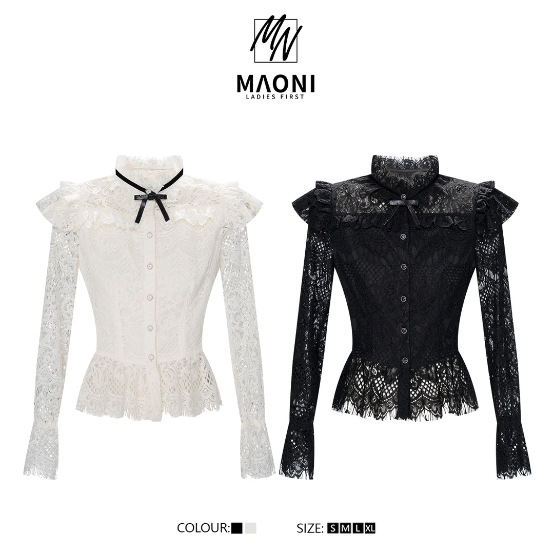 毛妮Peshe【宫廷少女】早春蕾丝拼接设计感上衣甜美风配别针L1500