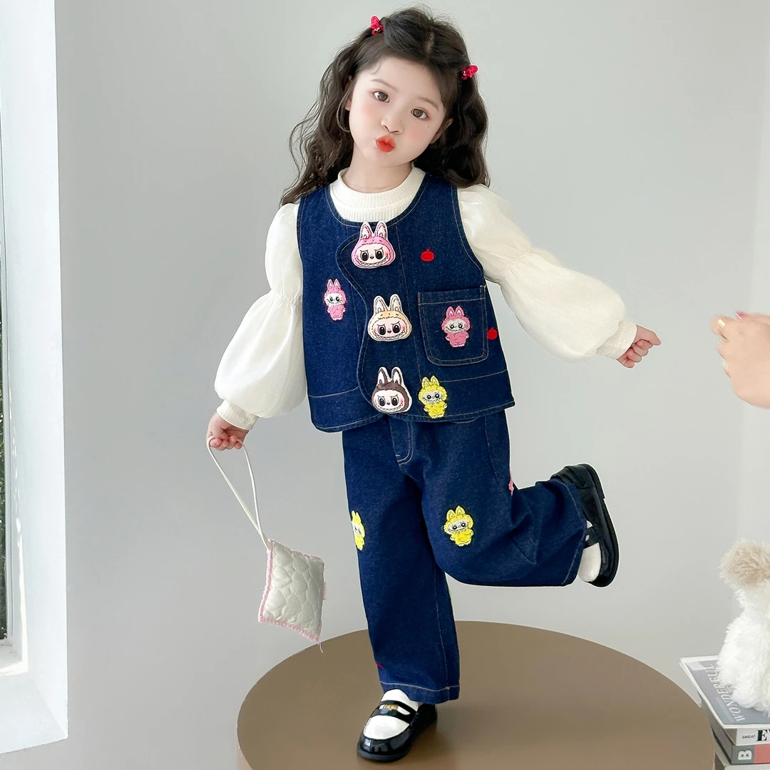 女童牛仔套装春秋装2025新款儿童秋季网红女宝宝洋气马甲三件套潮