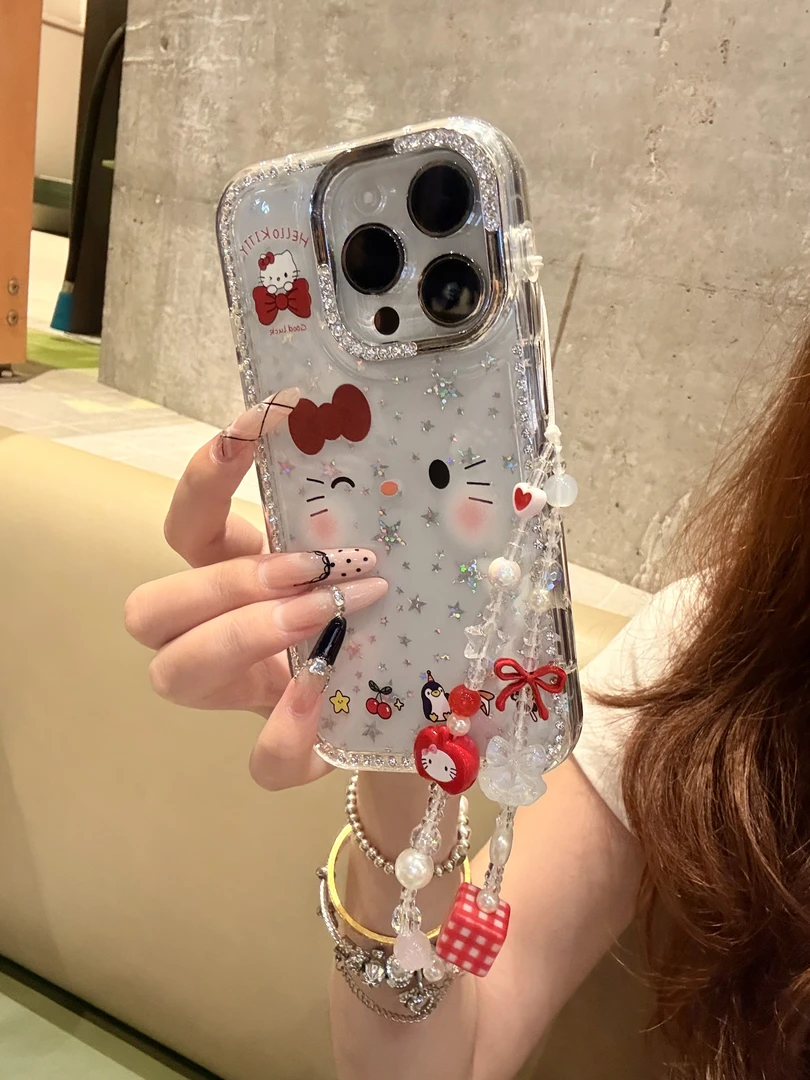 亨跃ins小众可爱樱桃动物KT脸蛋适用苹果promax闪钻16边框手机壳i