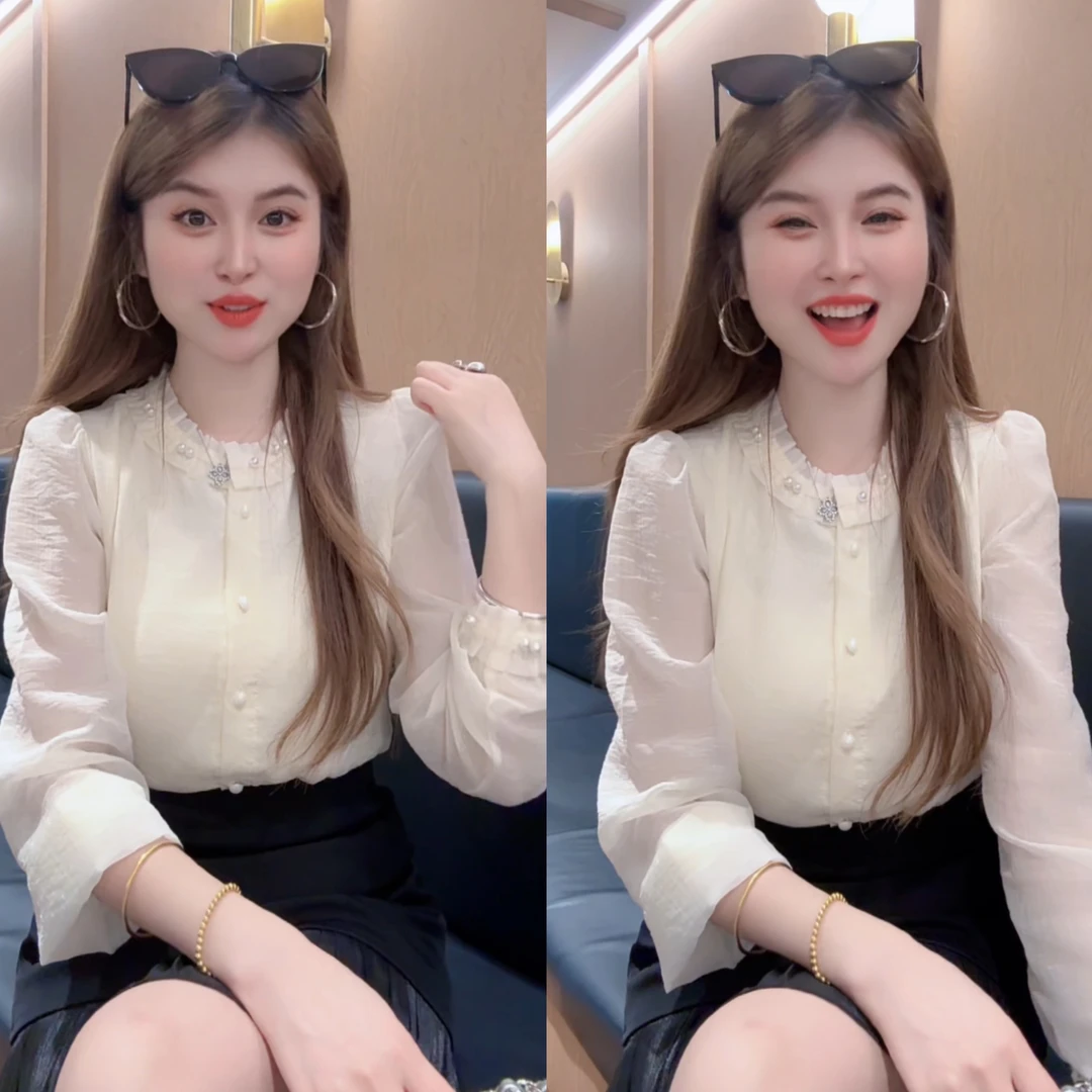 【许小姐专属】法式高级感钉珠荷叶领长袖衬衫女装春季新款减龄上衣