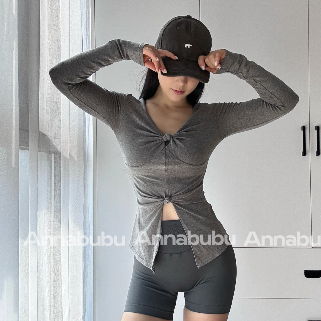 ANNABUBU早秋纽结修身显瘦上衣女外穿健身服跑步瑜伽长袖