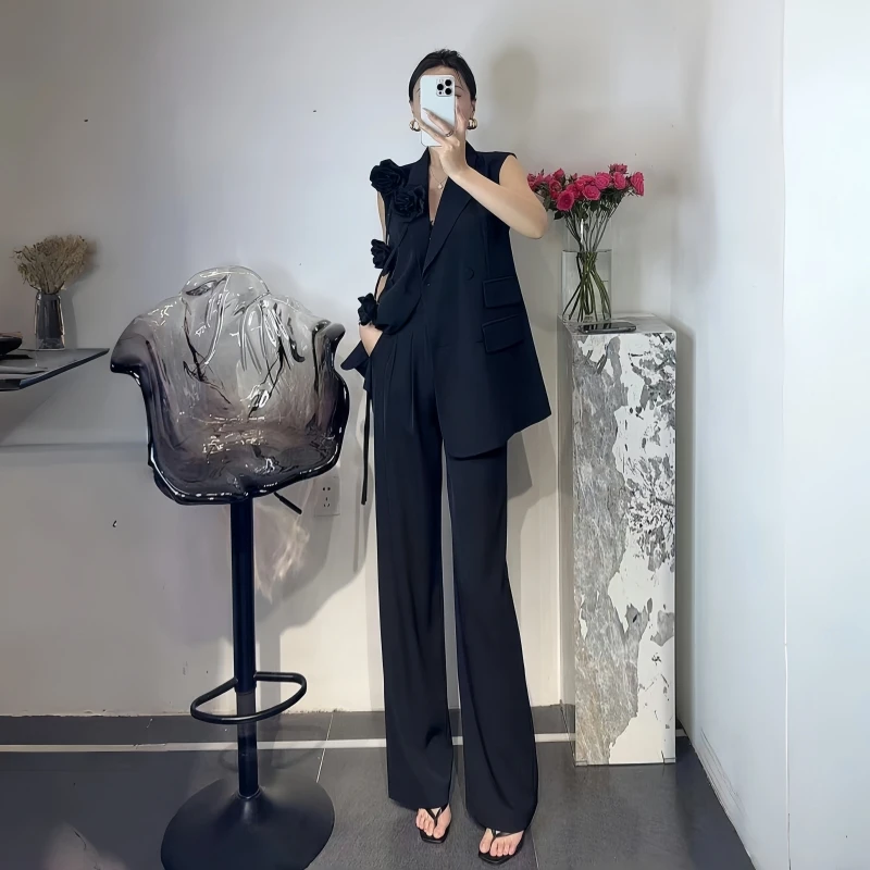 职业粉色西装套装气质无袖可拆卸花朵气质女神范名媛直筒西装套装