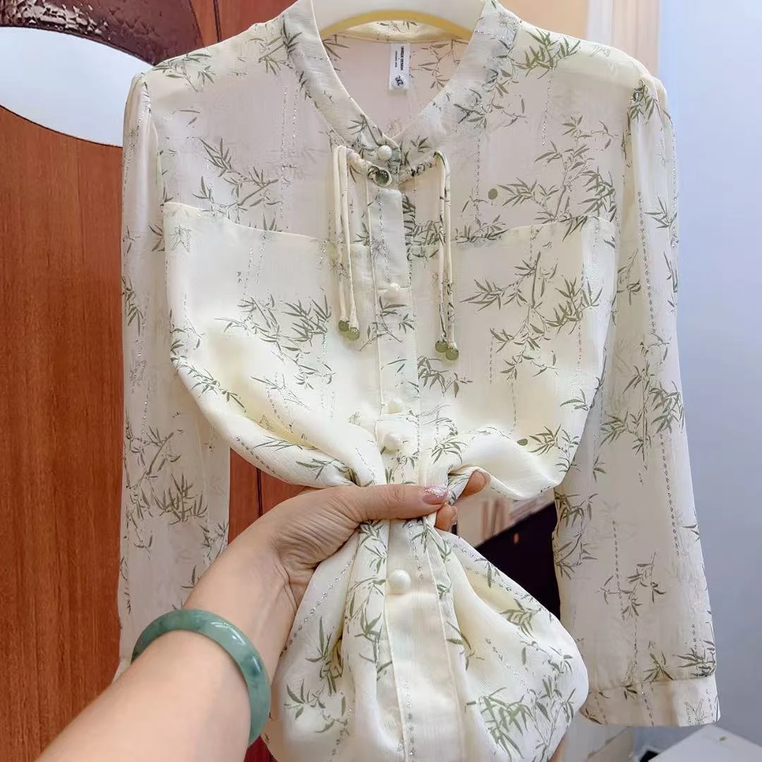 富贵竹花盘扣半开领加里衬大码2025年夏季新款九分袖套头雪纺衬衫
