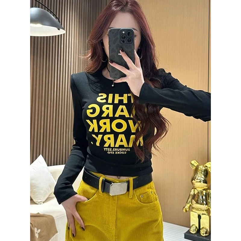 大码双面德绒字母印花长袖上衣女2025秋冬季新款修身显瘦打底衫女