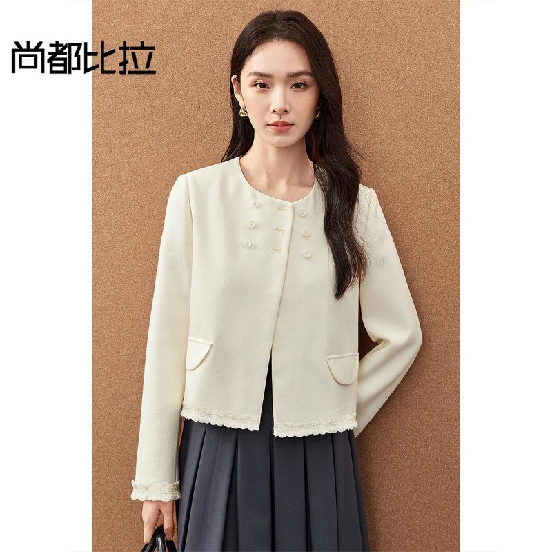 【拼接花边】优雅通勤气质圆领双排扣垫肩外套80341