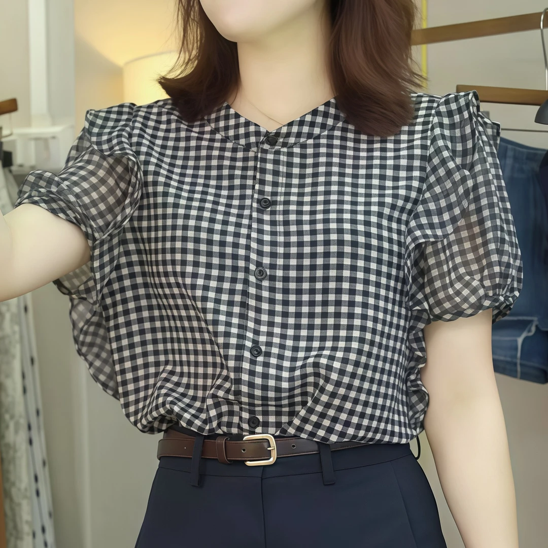 通勤甜美洋气显瘦时尚百搭设计感小众格子上衣女2025设计感上衣潮