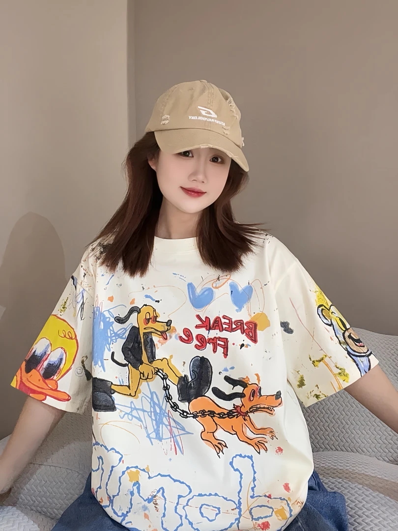 【FANG方方】2025年新款狗狗涂鸦T恤宽松大码休闲中长款上衣