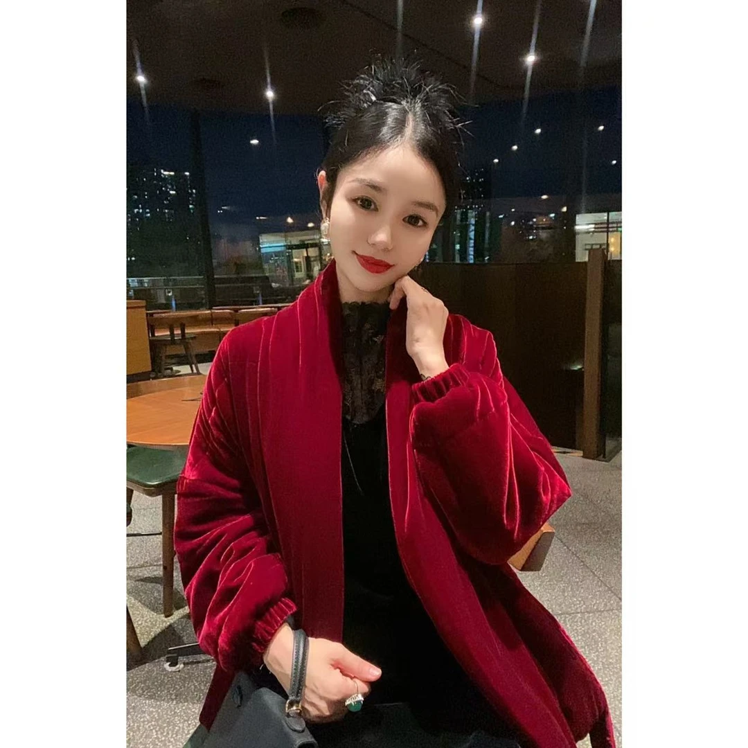 【大眼睛】重磅桑蚕丝真丝丝绒棉服青果领夹棉保暖外套宽松棉衣