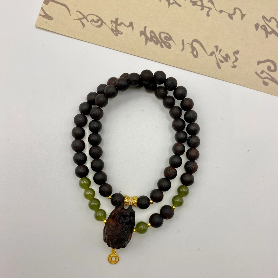 缅甸降真香黑油料6mm吞金兽双圈手串