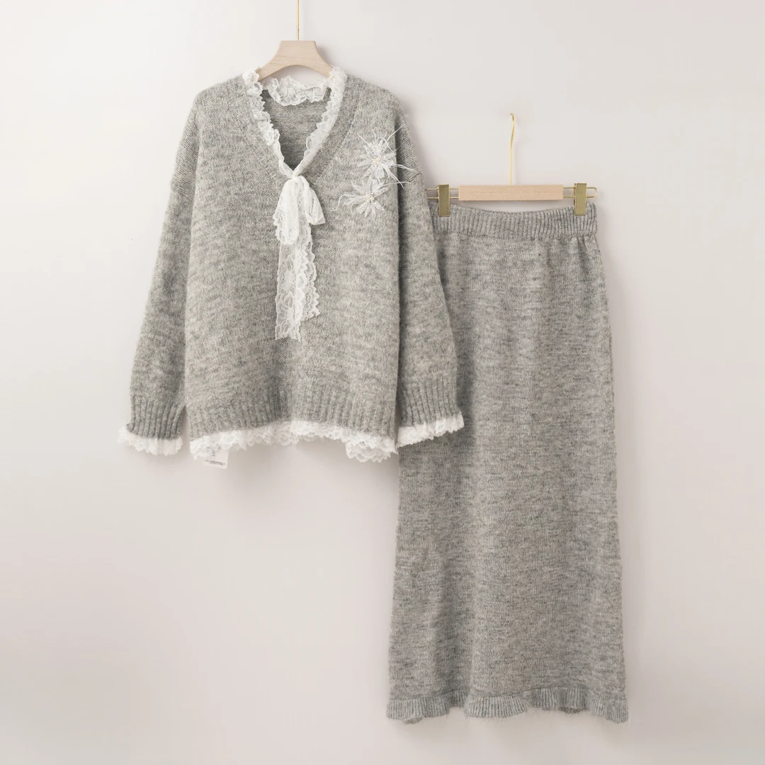 ★H2662【向阳花】韩版设计款.蕾丝花边V领.气质时尚上衣针织套装