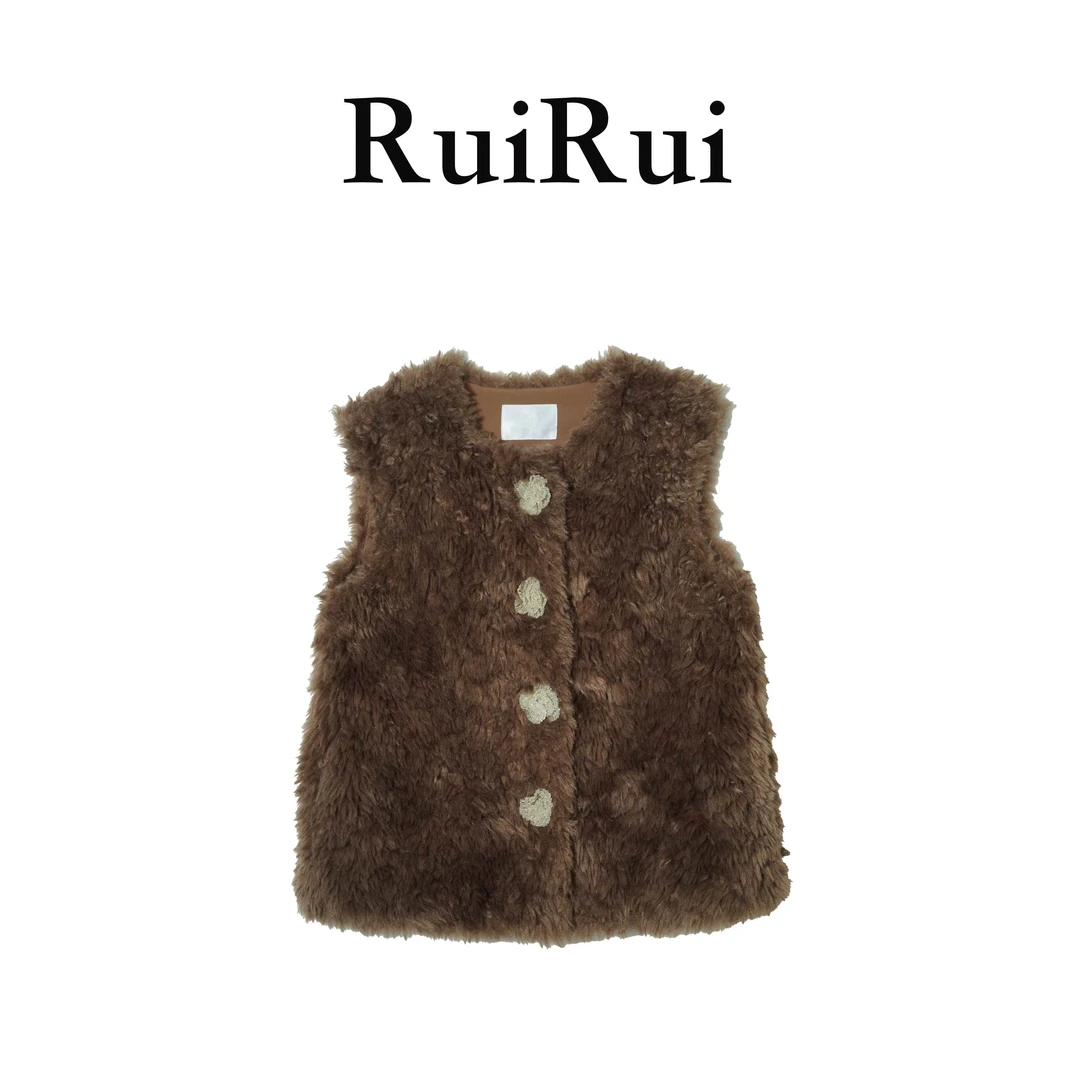 RUIRUI瑞【手工外套】棕色立体手工花朵环保皮草马甲外套SY1345R