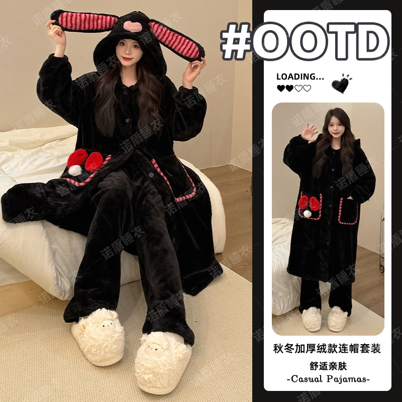 加绒加厚2025冬季新款法兰绒保暖睡衣套装女大码宽松慵懒风家居服