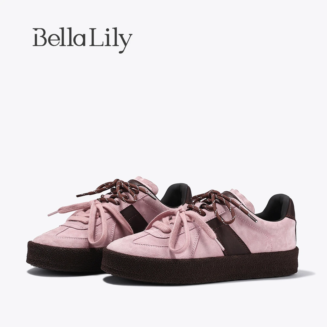 BellaLily2025秋季新款粉色双鞋带德训鞋女复古厚底休闲板鞋潮鞋
