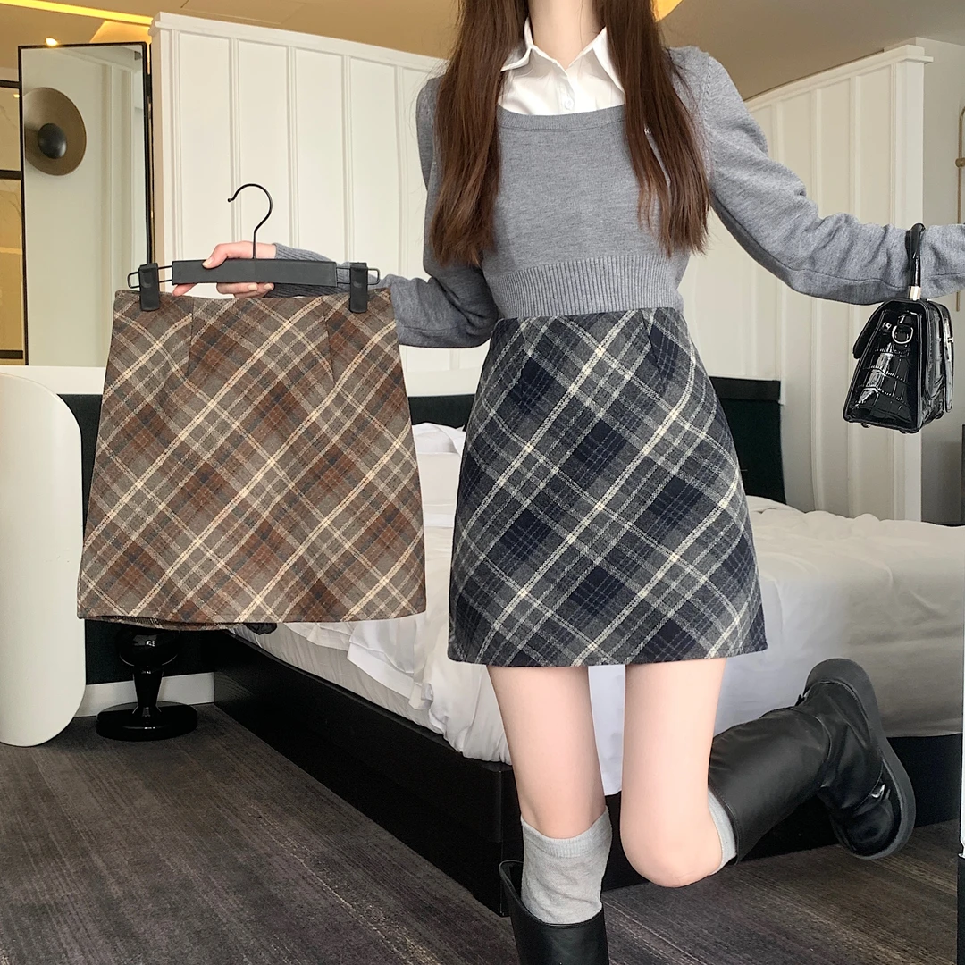 百搭格子裙大码女装胖MM韩版呢子高腰显瘦半身裙A字毛呢裙女8077