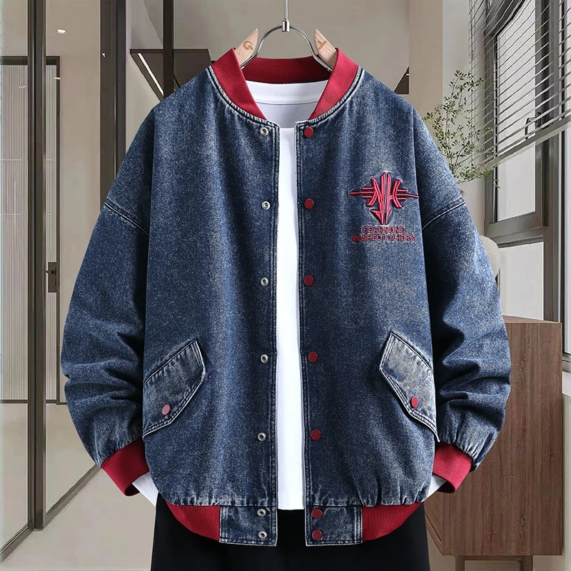 春秋季休闲外套上衣青少年撞色百搭夹克水洗牛仔宽松潮流韩版学生