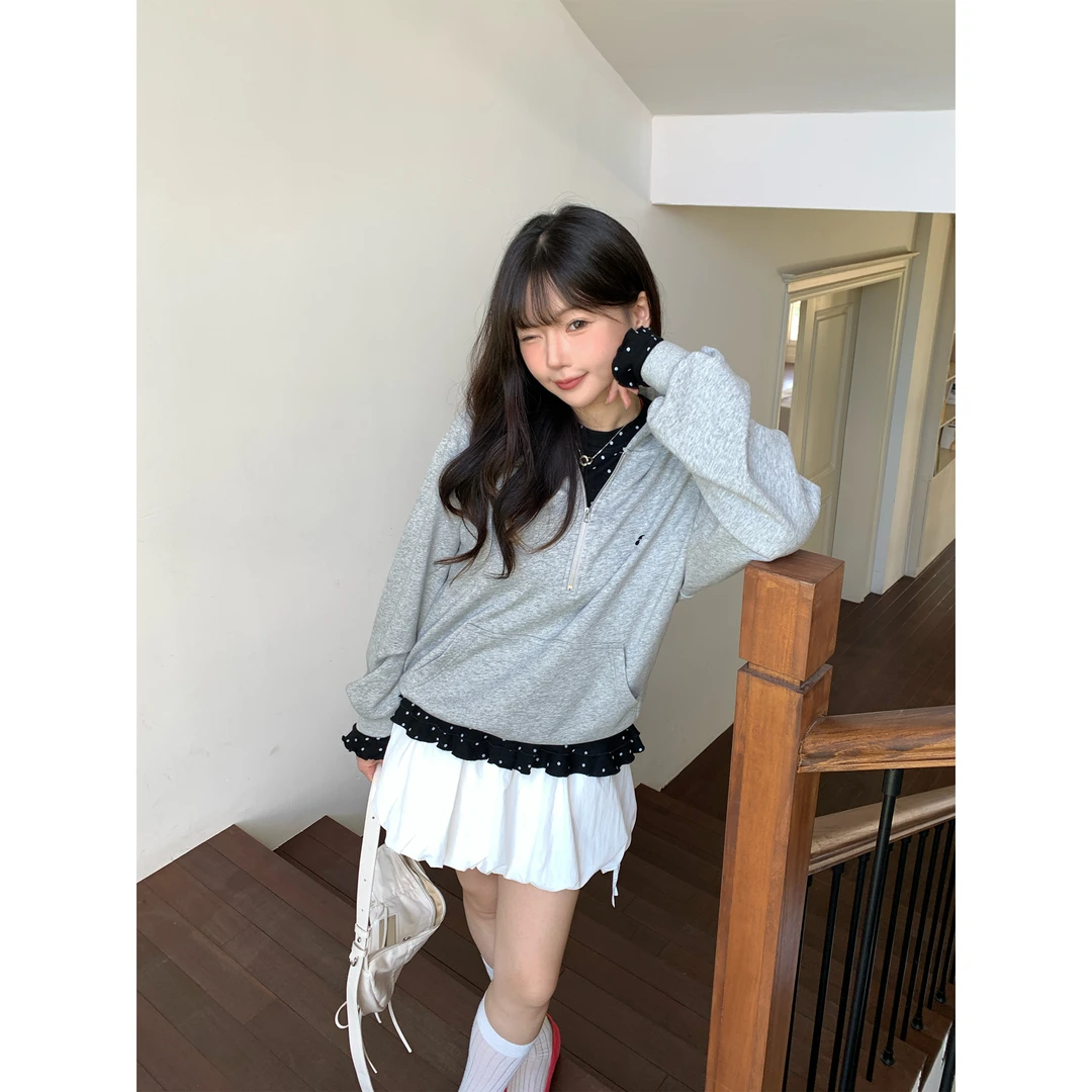 ANA 韩国设计师品牌 复古学院风灰色半拉链宽松套头连帽卫衣