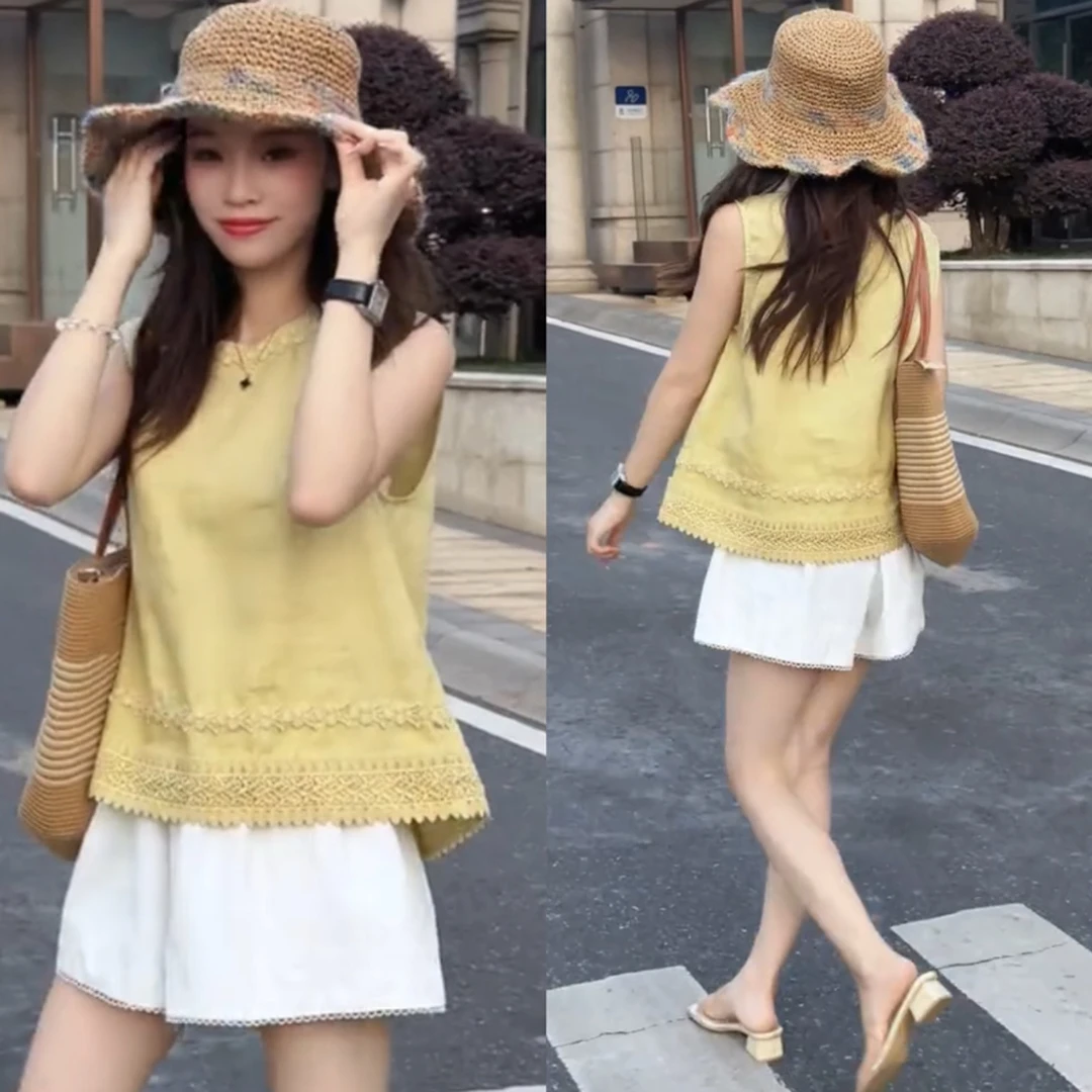 2025夏季时尚减龄一整套女装无袖蕾丝小衫阔腿短裤超好看显瘦套装