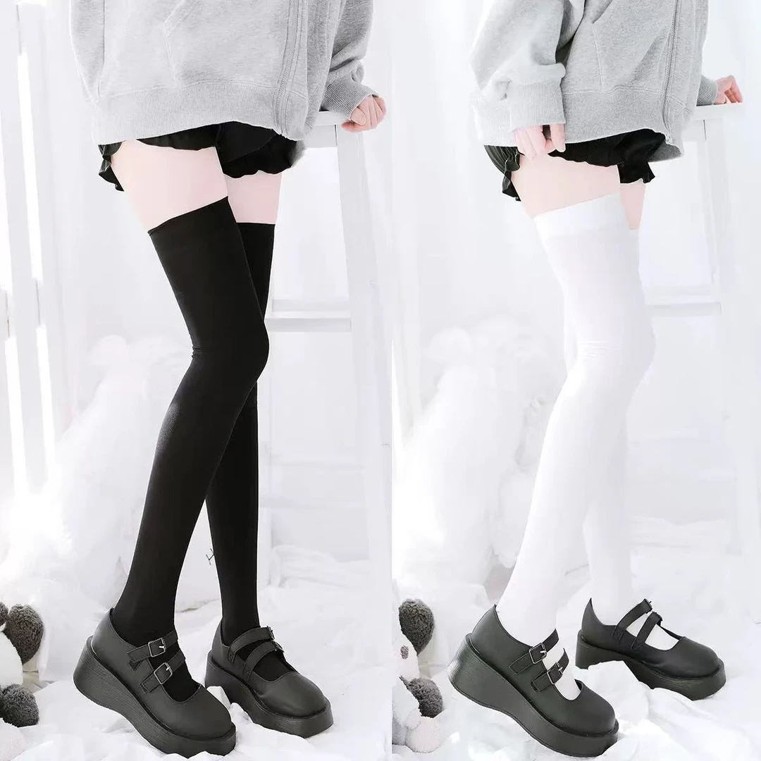 春秋季薄款防滑黑白性感JK日系少女天鹅绒防勾丝丝袜秋冬过膝袜