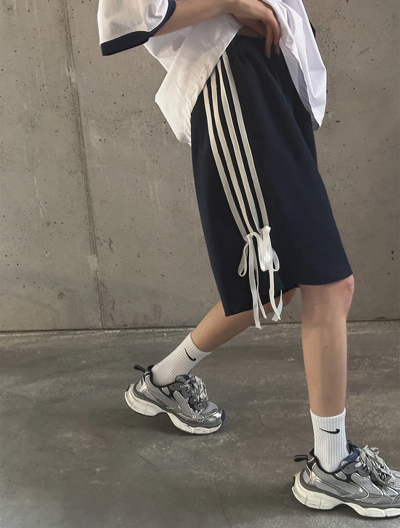 韩版女装侧边系带蝴蝶结休闲女士短裤松紧高腰宽松运动短裤女