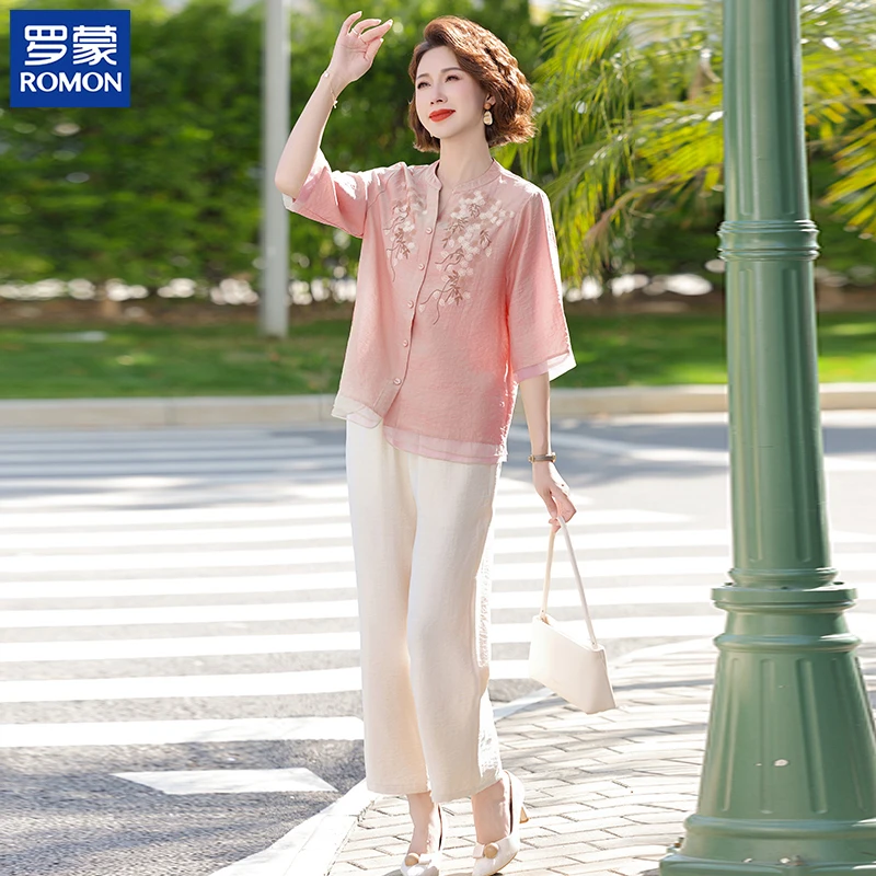 罗蒙妈妈夏装国风两件套2025新款中式高档小衫中老年女士薄款套装