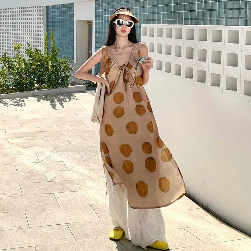 韩系复古感波点无袖背心裙百搭叠穿蕾丝长裤套装