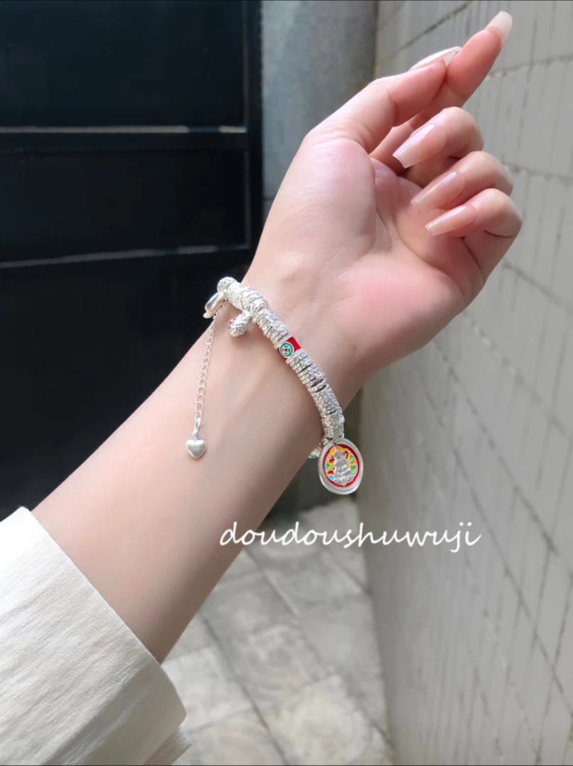 轻奢新中式珐琅彩财神实心999.9手工手串手链