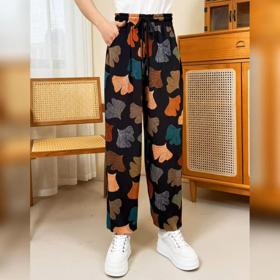 【升级款加大码-银杏叶14】2025夏大码冰雪丝凉凉裤高弹力宽松显瘦