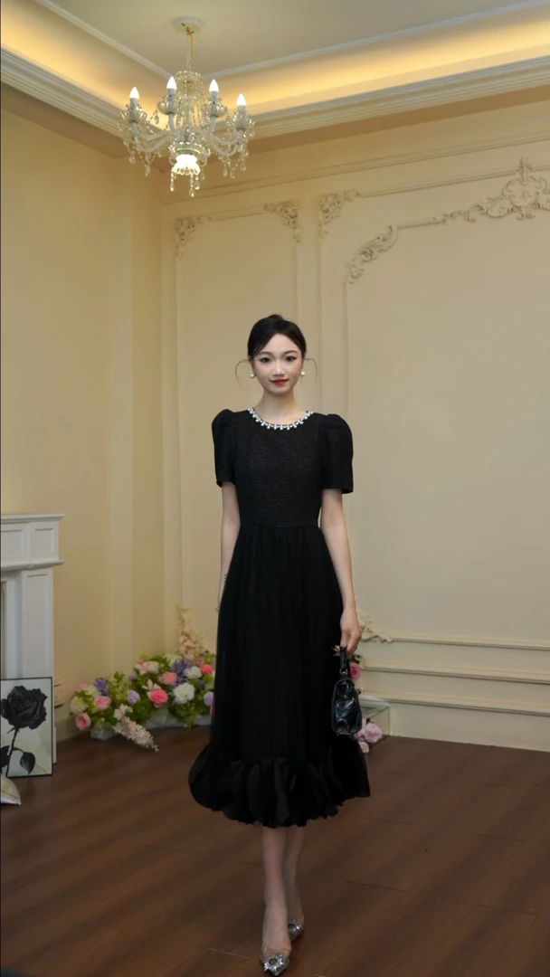 黑色气质连衣裙裙子短裙优雅拉链设计师长裙中长裙法式夏季61207