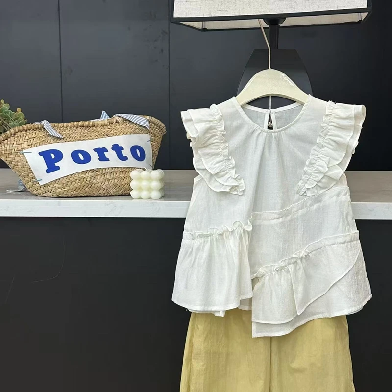 【现货】leomama女童拼接小飞袖娃娃衫儿童夏季薄款气质上衣衬衫