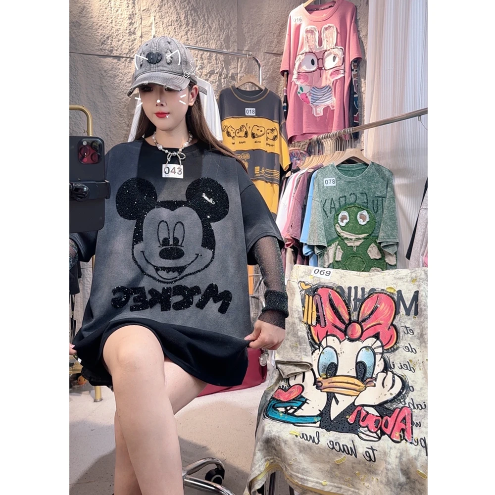 【编号001-199】重工短袖百搭镶钻T恤宽松潮流刺绣中长款半袖大版